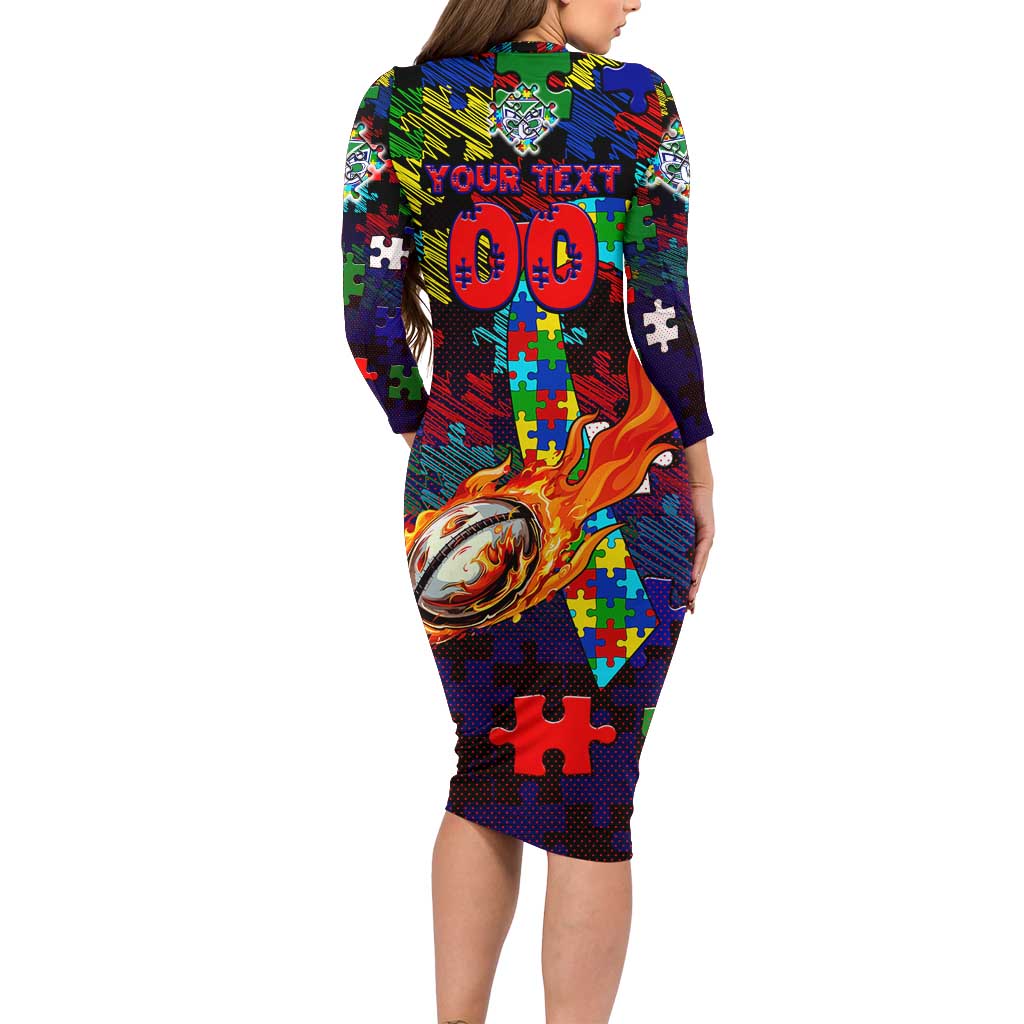 New Zealand Warriors Autism Awareness Family Matching Long Sleeve Bodycon Dress and Hawaiian Shirt Puzzle Flames Rugby Ball