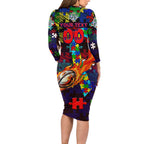 New Zealand Warriors Autism Awareness Family Matching Long Sleeve Bodycon Dress and Hawaiian Shirt Puzzle Flames Rugby Ball