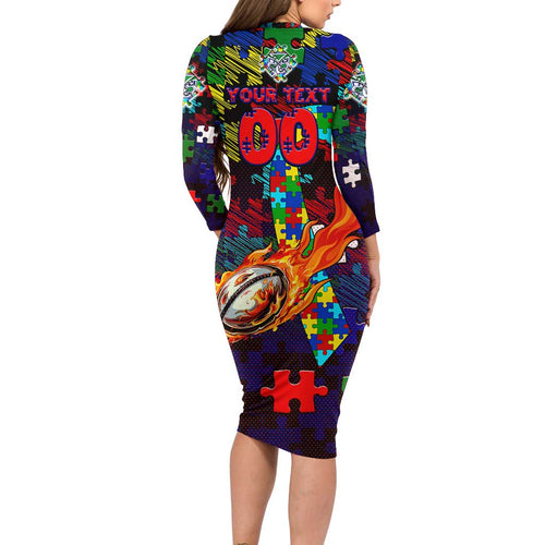 New Zealand Warriors Autism Awareness Family Matching Long Sleeve Bodycon Dress and Hawaiian Shirt Puzzle Flames Rugby Ball