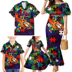 New Zealand Warriors Autism Awareness Family Matching Mermaid Dress and Hawaiian Shirt Puzzle Flames Rugby Ball