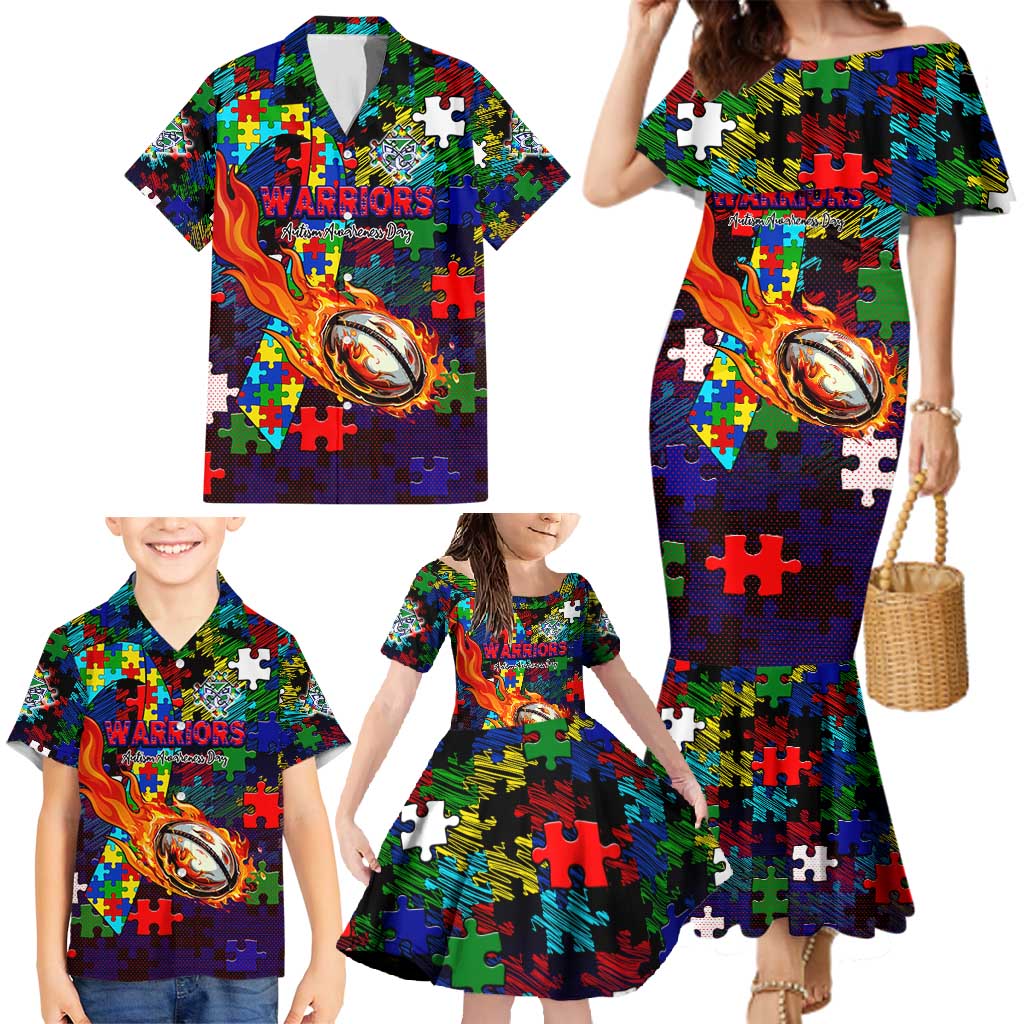 New Zealand Warriors Autism Awareness Family Matching Mermaid Dress and Hawaiian Shirt Puzzle Flames Rugby Ball
