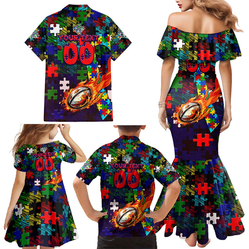 New Zealand Warriors Autism Awareness Family Matching Mermaid Dress and Hawaiian Shirt Puzzle Flames Rugby Ball