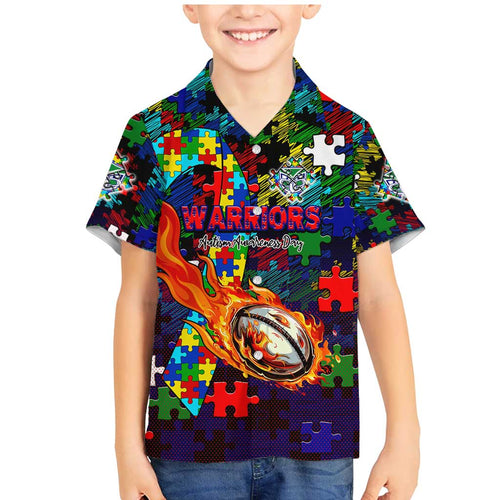 New Zealand Warriors Autism Awareness Family Matching Mermaid Dress and Hawaiian Shirt Puzzle Flames Rugby Ball