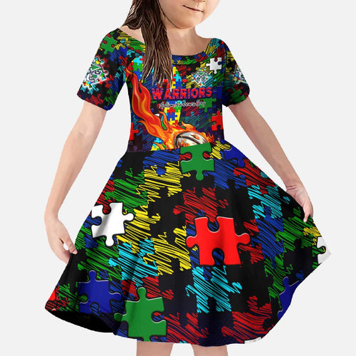 New Zealand Warriors Autism Awareness Family Matching Off The Shoulder Long Sleeve Dress and Hawaiian Shirt Puzzle Flames Rugby Ball