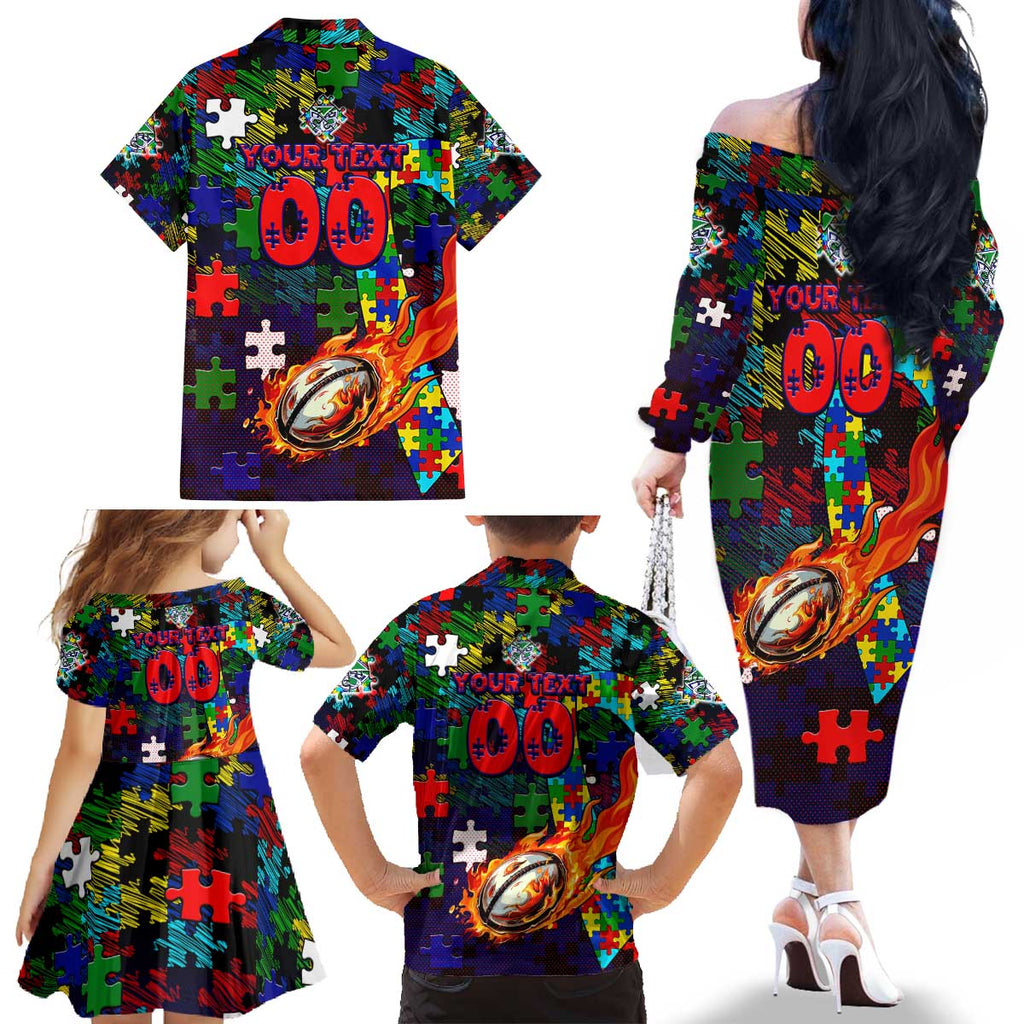 New Zealand Warriors Autism Awareness Family Matching Off The Shoulder Long Sleeve Dress and Hawaiian Shirt Puzzle Flames Rugby Ball