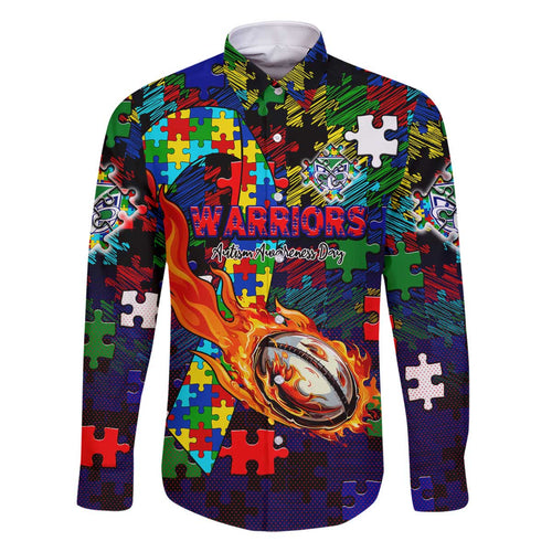 New Zealand Warriors Autism Awareness Family Matching Off The Shoulder Long Sleeve Dress and Hawaiian Shirt Puzzle Flames Rugby Ball