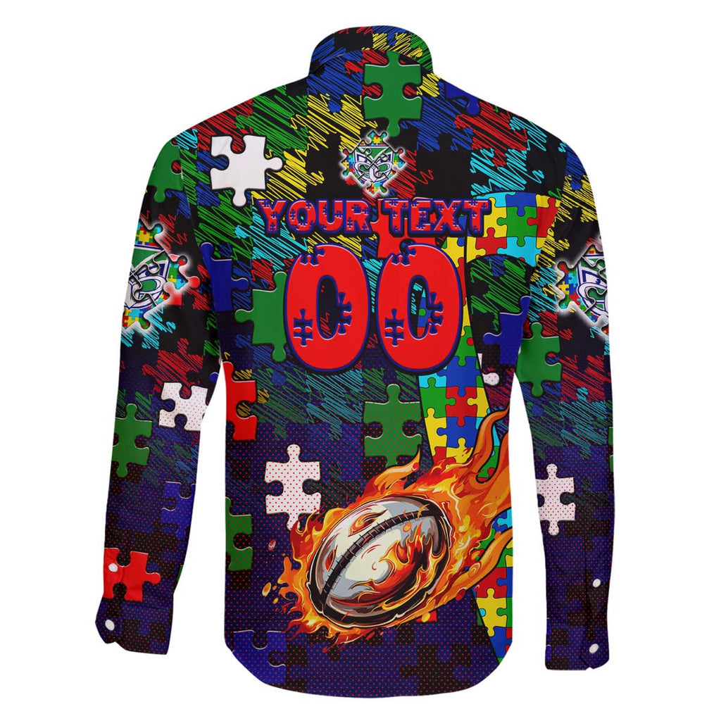 New Zealand Warriors Autism Awareness Family Matching Off The Shoulder Long Sleeve Dress and Hawaiian Shirt Puzzle Flames Rugby Ball