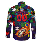 New Zealand Warriors Autism Awareness Family Matching Off The Shoulder Long Sleeve Dress and Hawaiian Shirt Puzzle Flames Rugby Ball