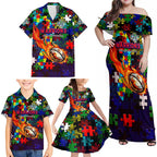 New Zealand Warriors Autism Awareness Family Matching Off Shoulder Maxi Dress and Hawaiian Shirt Puzzle Flames Rugby Ball
