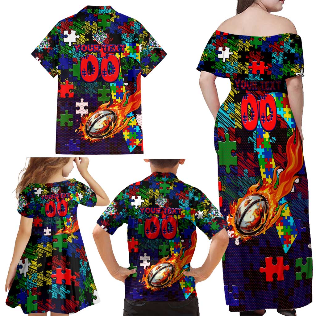 New Zealand Warriors Autism Awareness Family Matching Off Shoulder Maxi Dress and Hawaiian Shirt Puzzle Flames Rugby Ball