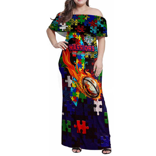 New Zealand Warriors Autism Awareness Family Matching Off Shoulder Maxi Dress and Hawaiian Shirt Puzzle Flames Rugby Ball