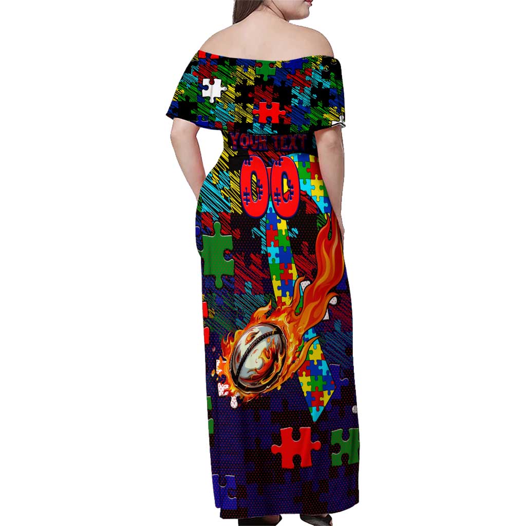 New Zealand Warriors Autism Awareness Family Matching Off Shoulder Maxi Dress and Hawaiian Shirt Puzzle Flames Rugby Ball