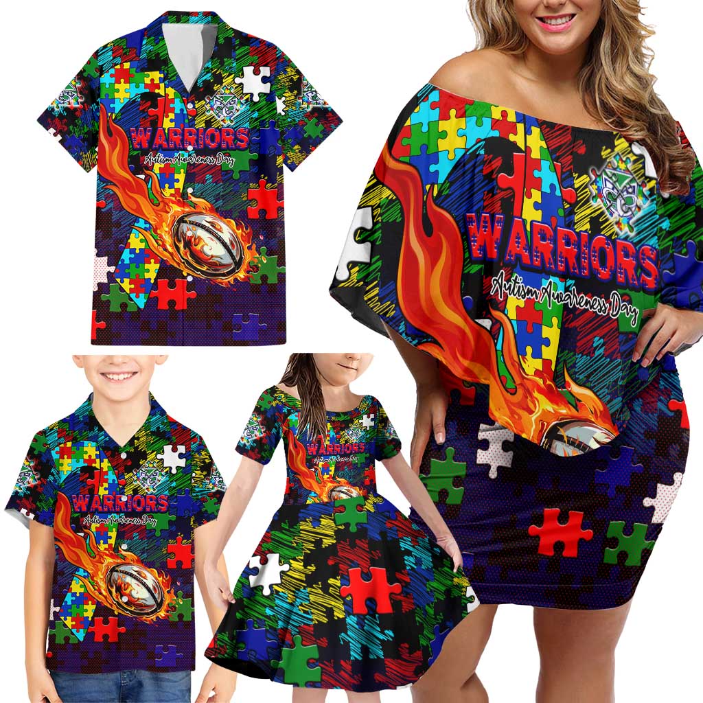 New Zealand Warriors Autism Awareness Family Matching Off Shoulder Short Dress and Hawaiian Shirt Puzzle Flames Rugby Ball