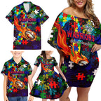 New Zealand Warriors Autism Awareness Family Matching Off Shoulder Short Dress and Hawaiian Shirt Puzzle Flames Rugby Ball