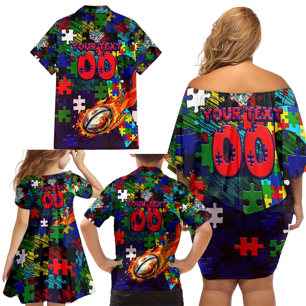 New Zealand Warriors Autism Awareness Family Matching Off Shoulder Short Dress and Hawaiian Shirt Puzzle Flames Rugby Ball