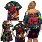 New Zealand Warriors Autism Awareness Family Matching Off Shoulder Short Dress and Hawaiian Shirt Puzzle Flames Rugby Ball