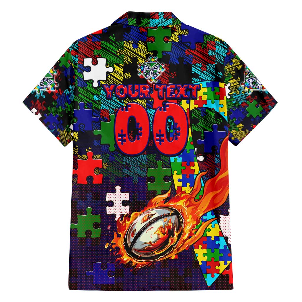 New Zealand Warriors Autism Awareness Family Matching Off Shoulder Short Dress and Hawaiian Shirt Puzzle Flames Rugby Ball