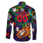 New Zealand Warriors Autism Awareness Family Matching Off Shoulder Short Dress and Hawaiian Shirt Puzzle Flames Rugby Ball