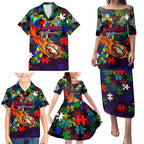 New Zealand Warriors Autism Awareness Family Matching Puletasi and Hawaiian Shirt Puzzle Flames Rugby Ball