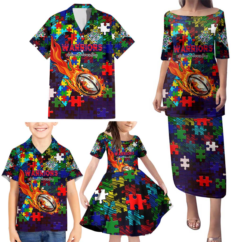 New Zealand Warriors Autism Awareness Family Matching Puletasi and Hawaiian Shirt Puzzle Flames Rugby Ball
