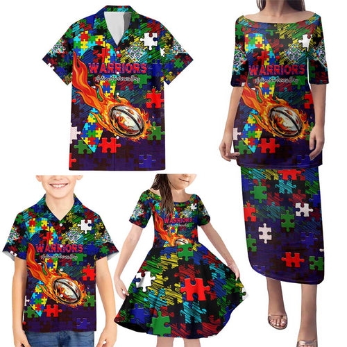 New Zealand Warriors Autism Awareness Family Matching Puletasi and Hawaiian Shirt Puzzle Flames Rugby Ball