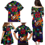 New Zealand Warriors Autism Awareness Family Matching Puletasi and Hawaiian Shirt Puzzle Flames Rugby Ball