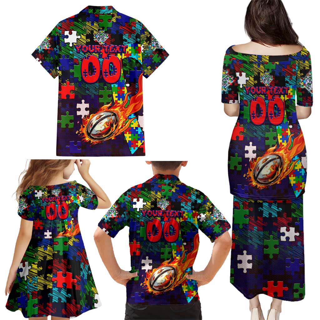 New Zealand Warriors Autism Awareness Family Matching Puletasi and Hawaiian Shirt Puzzle Flames Rugby Ball