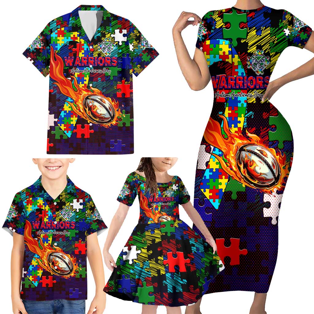 New Zealand Warriors Autism Awareness Family Matching Short Sleeve Bodycon Dress and Hawaiian Shirt Puzzle Flames Rugby Ball