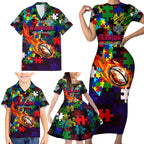 New Zealand Warriors Autism Awareness Family Matching Short Sleeve Bodycon Dress and Hawaiian Shirt Puzzle Flames Rugby Ball