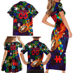 New Zealand Warriors Autism Awareness Family Matching Short Sleeve Bodycon Dress and Hawaiian Shirt Puzzle Flames Rugby Ball