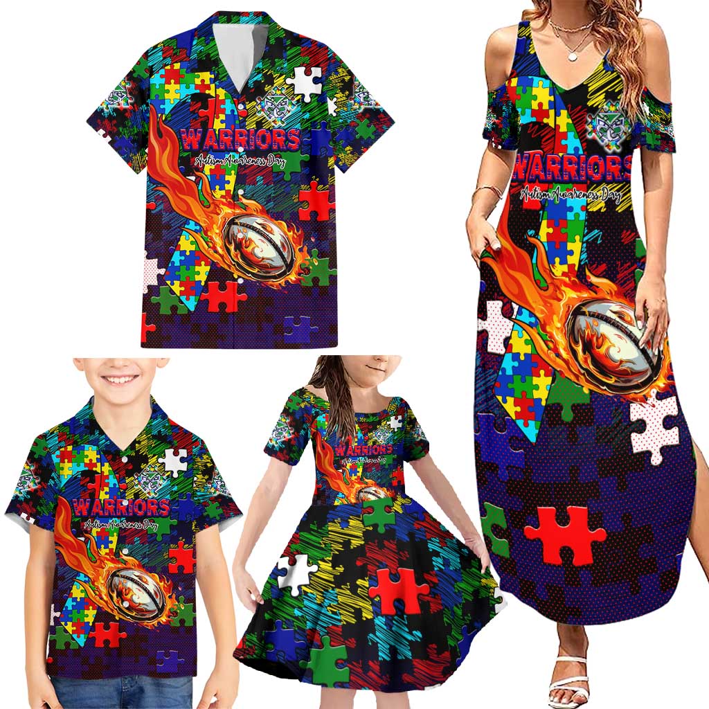 New Zealand Warriors Autism Awareness Family Matching Summer Maxi Dress and Hawaiian Shirt Puzzle Flames Rugby Ball