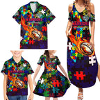 New Zealand Warriors Autism Awareness Family Matching Summer Maxi Dress and Hawaiian Shirt Puzzle Flames Rugby Ball