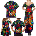 New Zealand Warriors Autism Awareness Family Matching Summer Maxi Dress and Hawaiian Shirt Puzzle Flames Rugby Ball