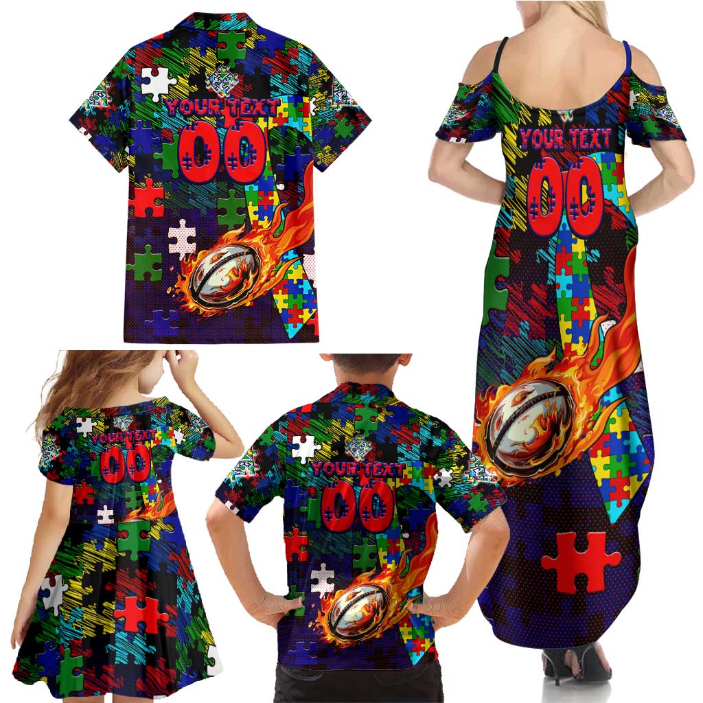 New Zealand Warriors Autism Awareness Family Matching Summer Maxi Dress and Hawaiian Shirt Puzzle Flames Rugby Ball