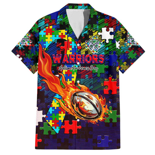New Zealand Warriors Autism Awareness Family Matching Summer Maxi Dress and Hawaiian Shirt Puzzle Flames Rugby Ball