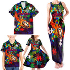 New Zealand Warriors Autism Awareness Family Matching Tank Maxi Dress and Hawaiian Shirt Puzzle Flames Rugby Ball