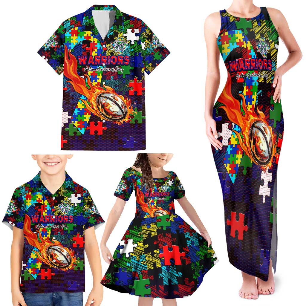 New Zealand Warriors Autism Awareness Family Matching Tank Maxi Dress and Hawaiian Shirt Puzzle Flames Rugby Ball