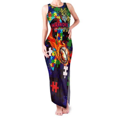 New Zealand Warriors Autism Awareness Family Matching Tank Maxi Dress and Hawaiian Shirt Puzzle Flames Rugby Ball