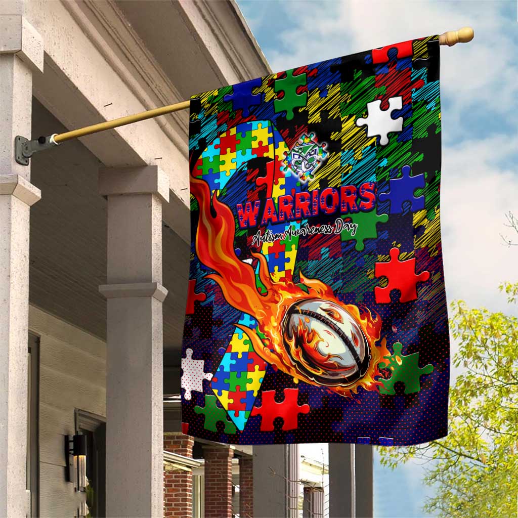 New Zealand Warriors Autism Awareness Garden Flag Puzzle Flames Rugby Ball