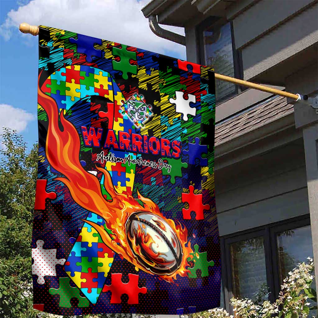 New Zealand Warriors Autism Awareness Garden Flag Puzzle Flames Rugby Ball