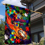 New Zealand Warriors Autism Awareness Garden Flag Puzzle Flames Rugby Ball