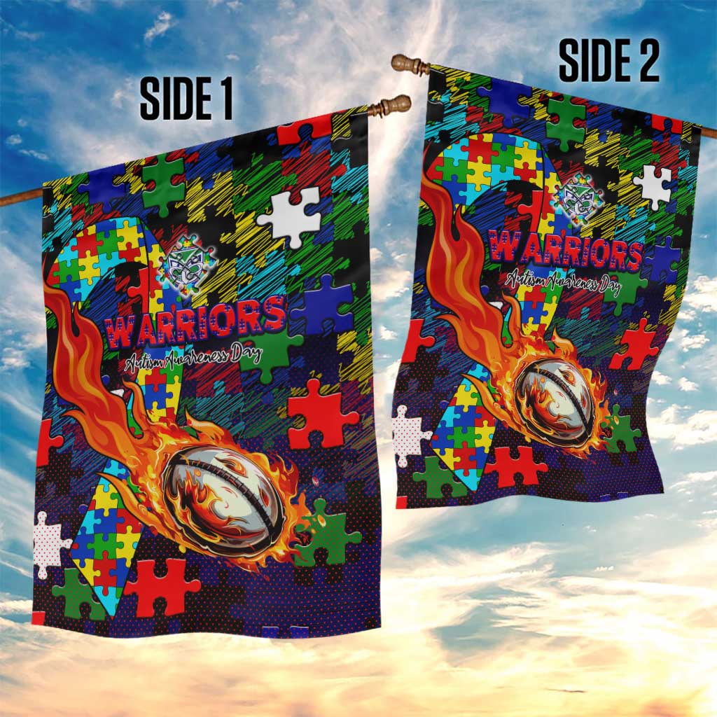 New Zealand Warriors Autism Awareness Garden Flag Puzzle Flames Rugby Ball