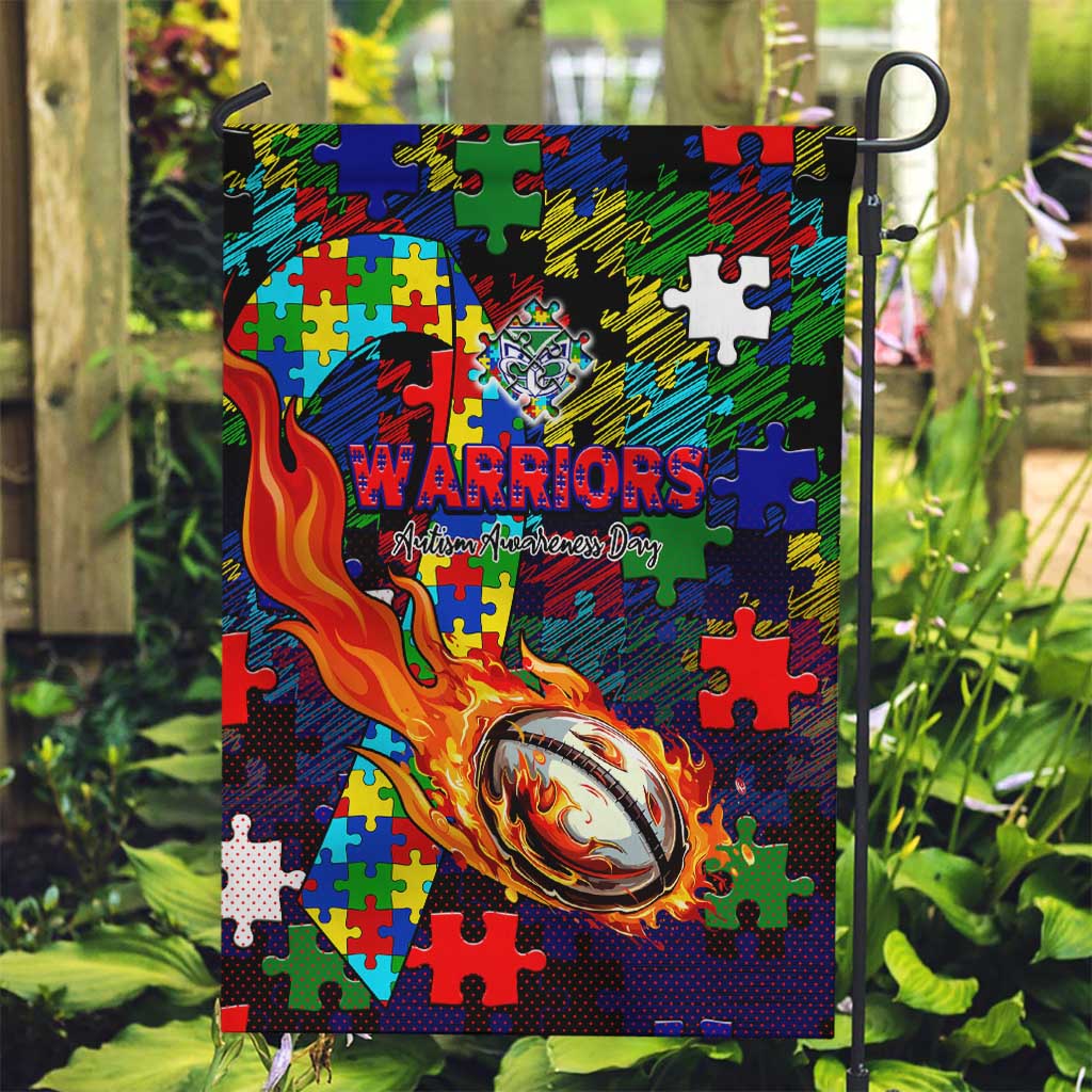 New Zealand Warriors Autism Awareness Garden Flag Puzzle Flames Rugby Ball