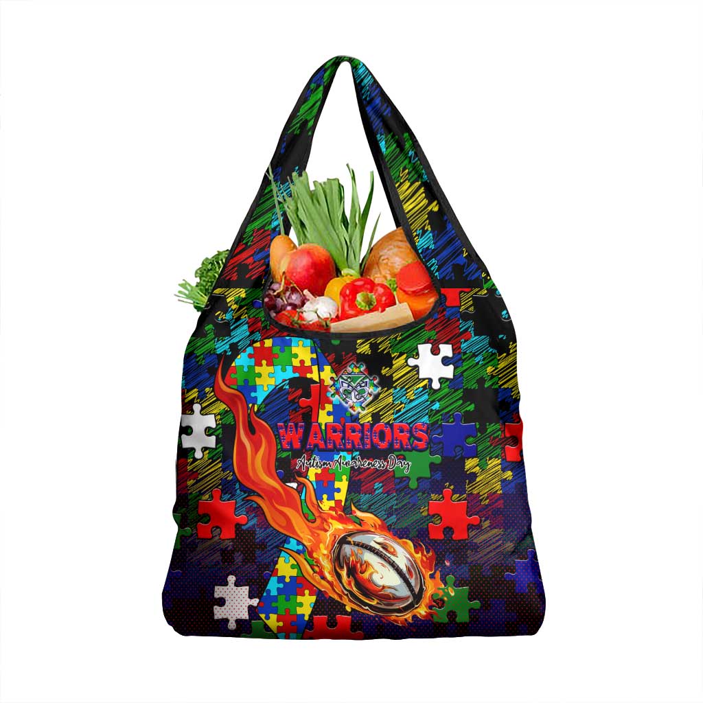 New Zealand Warriors Autism Awareness Grocery Bag Puzzle Flames Rugby Ball