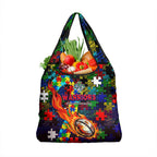 New Zealand Warriors Autism Awareness Grocery Bag Puzzle Flames Rugby Ball