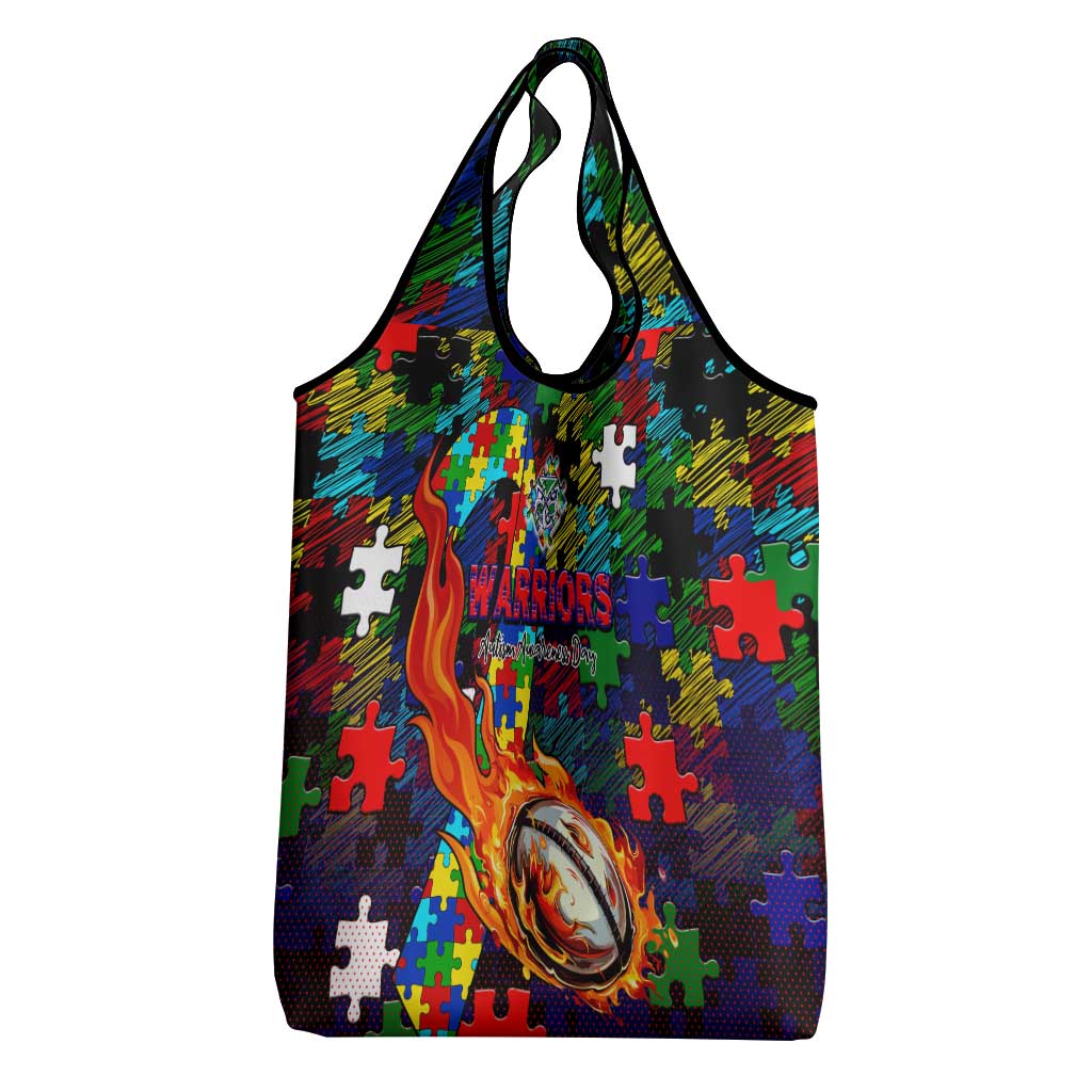 New Zealand Warriors Autism Awareness Grocery Bag Puzzle Flames Rugby Ball
