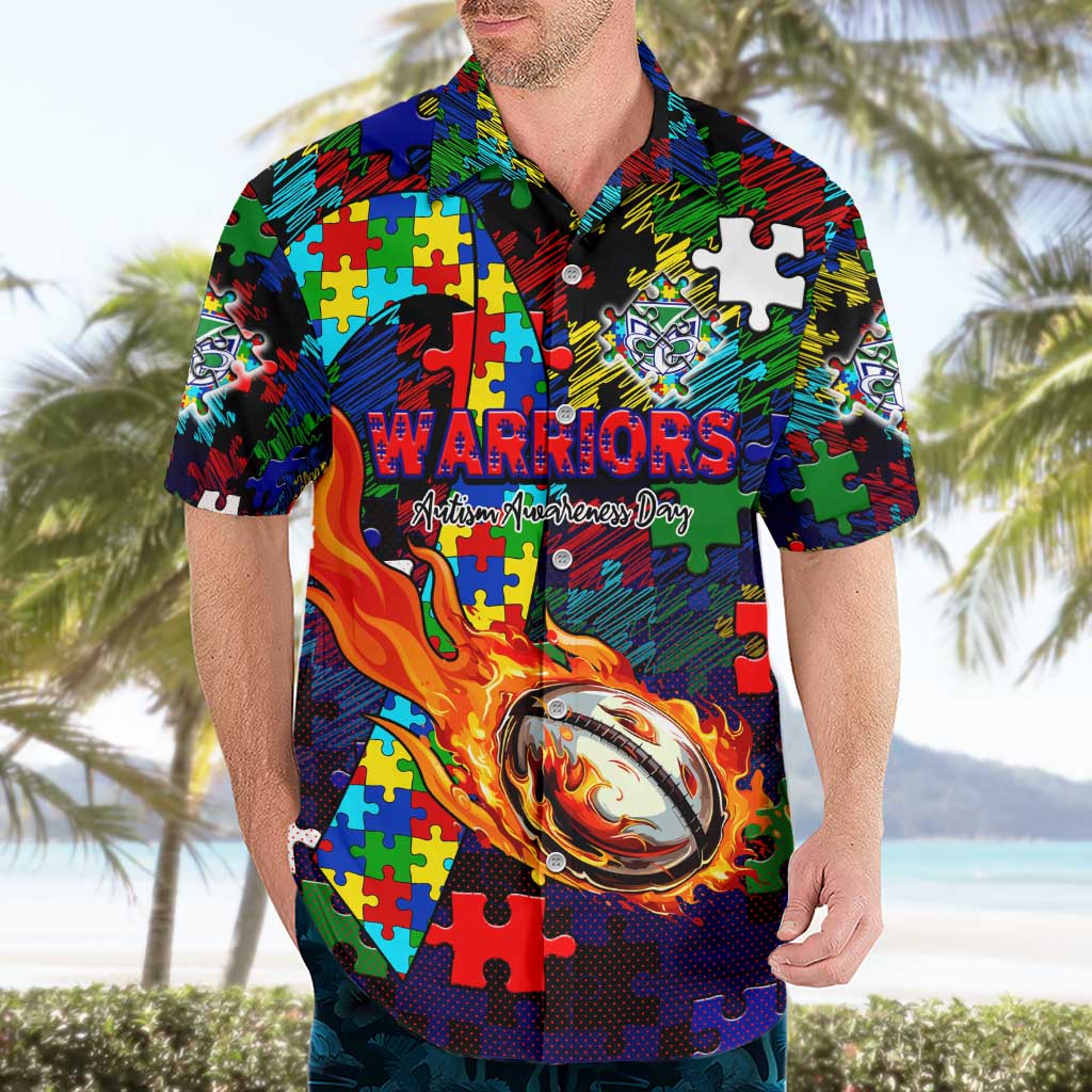New Zealand Warriors Autism Awareness Hawaiian Shirt Puzzle Flames Rugby Ball