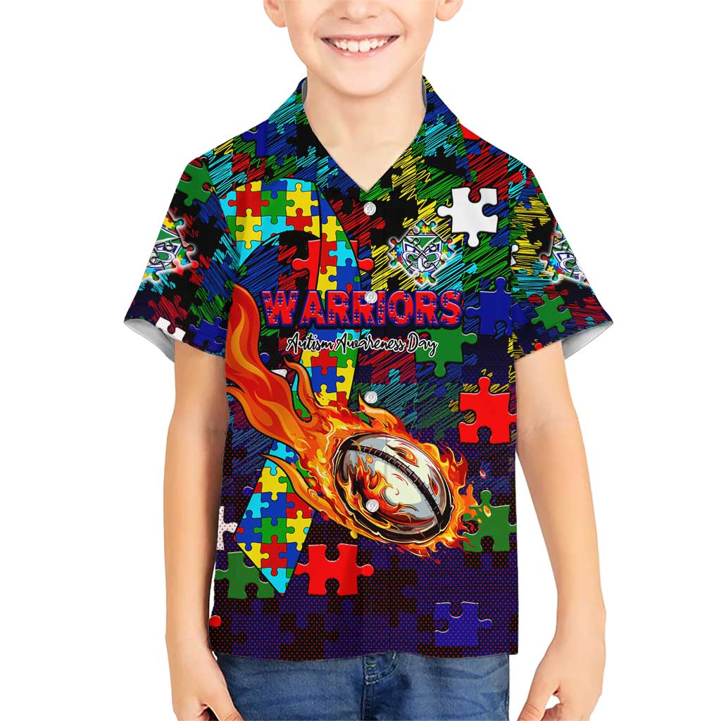 New Zealand Warriors Autism Awareness Hawaiian Shirt Puzzle Flames Rugby Ball