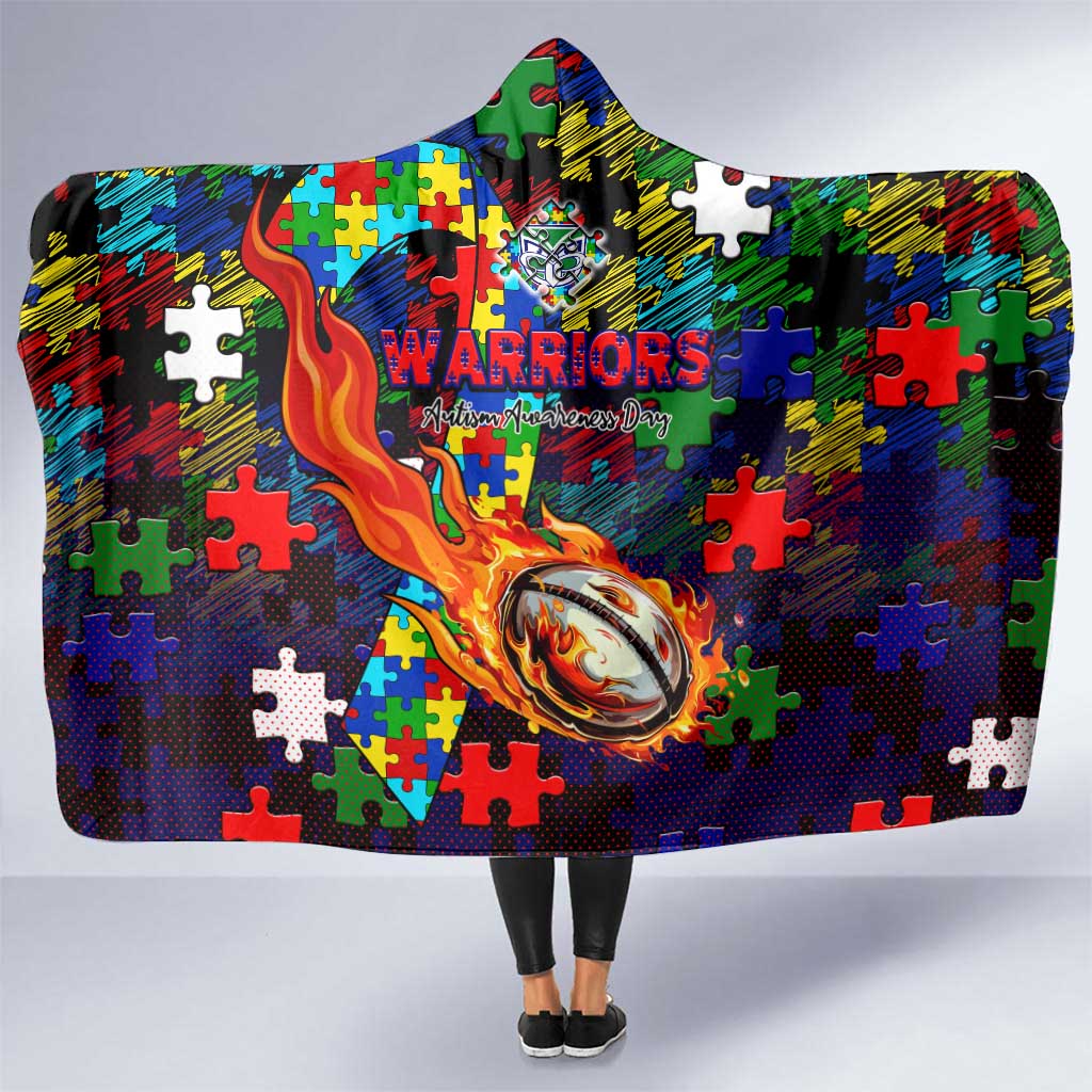 New Zealand Warriors Autism Awareness Hooded Blanket Puzzle Flames Rugby Ball