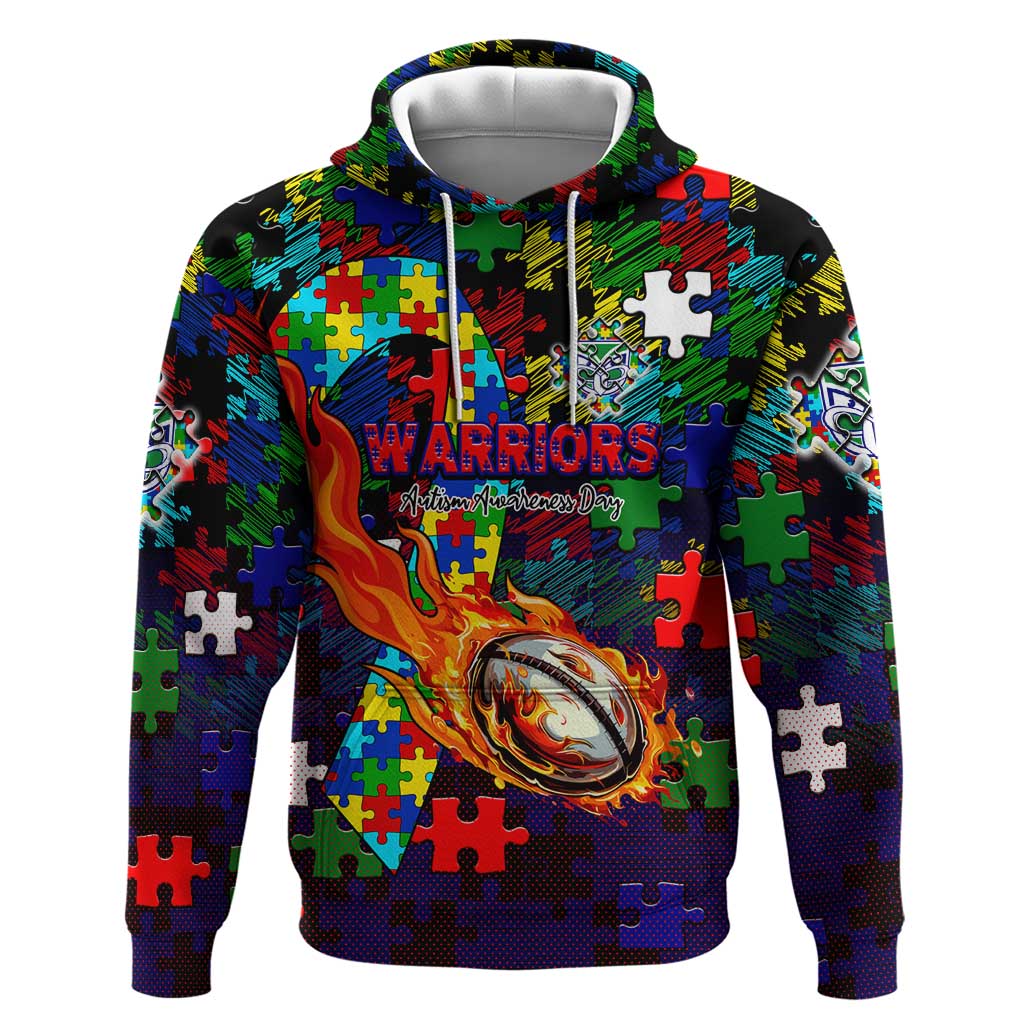 New Zealand Warriors Autism Awareness Hoodie Puzzle Flames Rugby Ball